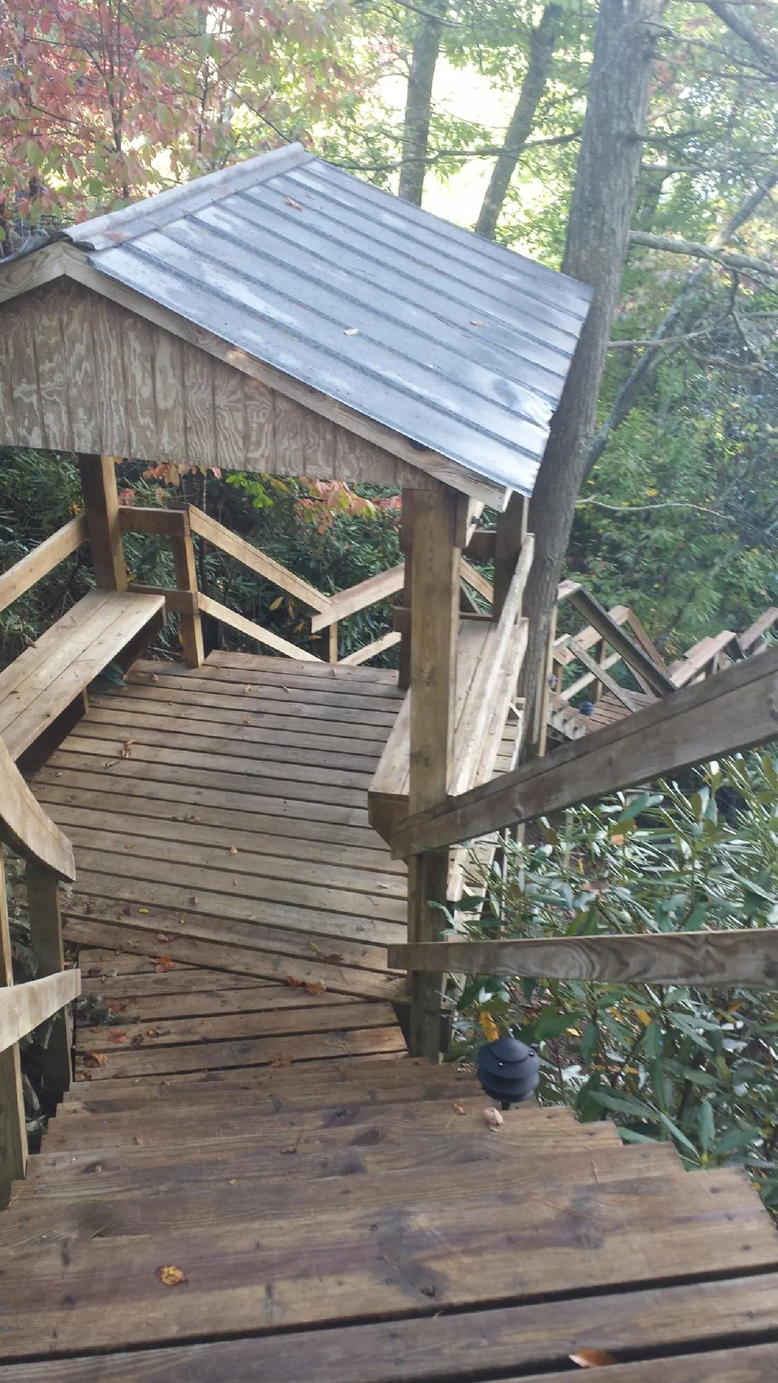 Metal roofed shelter over wooden steps on a wooded walkway — Skylight Repair & Installation work by our crew in Frost